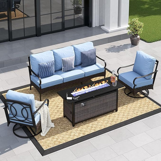 Patio Furniture Set with 56" Fire Pit Table, Premium Outdoor Wicker Metal Frame Furniture with Upgraded Waterproof Thick Cushions for Porch, Poolside, Deck, and Yard （4 Pieces,Blue）