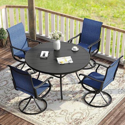 VICLLAX Patio Dining Set for 4, 5 Pieces Outdoor Furniture Includes 40.6" Round Patio Table with Umbrella Hole and 4 Outdoor Swivel Chairs for Lawn Garden, Black Tabletop and Blue Fabric