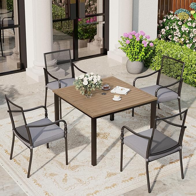 Patio Table and Chairs Set of 4, All-Weather Breathable Metal Mesh Patio Chair with Gourd-Shaped Armrests, 42x42 Wood-Like Table with Umbrella Hole, 5 Pcs Metal Frame Patio Dining Set