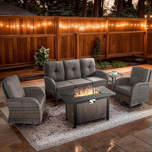 5 Piece Patio Furniture Set with Fire Pit Table - Wicker Patio Conversation Set with Swivel Glider, 3-Seat Sofa, Tempered Glass Side Table for Deck Backyard - Brown Wicker Grey Cushion