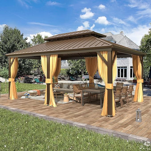 EROMMY 12'x18' Gazebo Hardtop, Galvanized Steel Double Roof Metal Gazebo with Aluminum Frame, Permanent Outdoor Pavilion with Curtain and Netting for Patio, Lawn and Garden, Brown