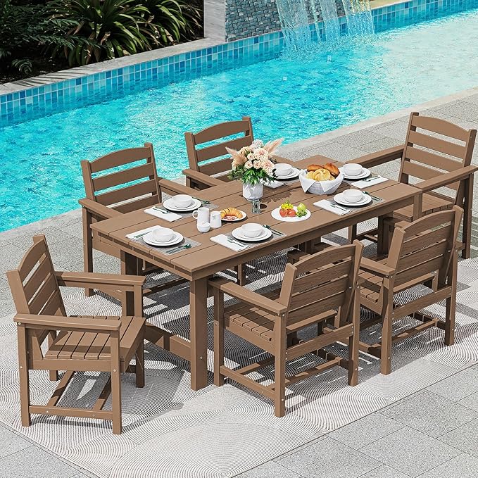 SERWALL 6-Person Outdoor Dining Table - 67" Rectangle HDPE Patio Table with Center Umbrella Hole, Weatherproof, Brown