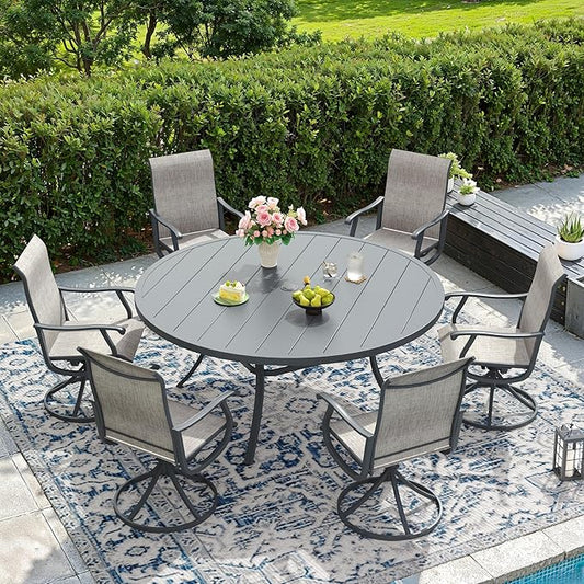 DIFY 7 Pieces Outdoor Patio Dining Set, 6 Grey Textilene Swivel Dining Chairs and 53" Grey Round Metal Dining Table, Outdoor Table and Chairs
