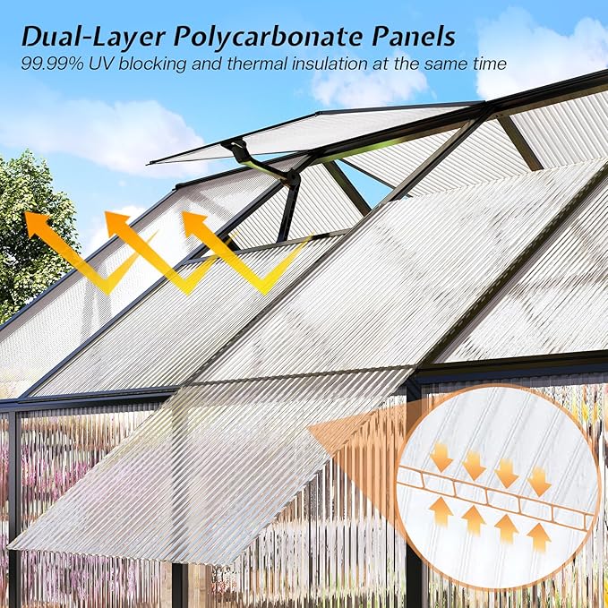 Jocisland 6x10x6.3 FT Polycarbonate Greenhouse for Outdoors with 2 Windows, Dual Swing Doors, Aluminum Walk-in Frame, Heavy Duty Garden Greenhouse for Backyard, Black