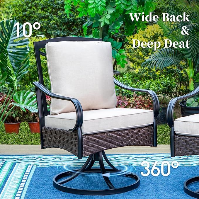 7 Piece Patio Dining Sets for 6, Outdoor Table and Chairs with Cushioned Wicker Swivel Patio Chairs & Wood-Like Dining Table (1.61-2”Umbrella Hole), Outdoor Dining Sets for Backyard