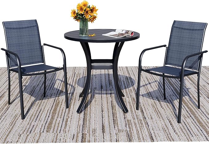 3 Pieces Round Dining Table Set for 2, Patio Dining Set Includes 2 Dark Blue Stackable Patio Chairs and 27.6" Black Metal Round Table, Patio Furniture Sets with Sling Support for Outside, Garden