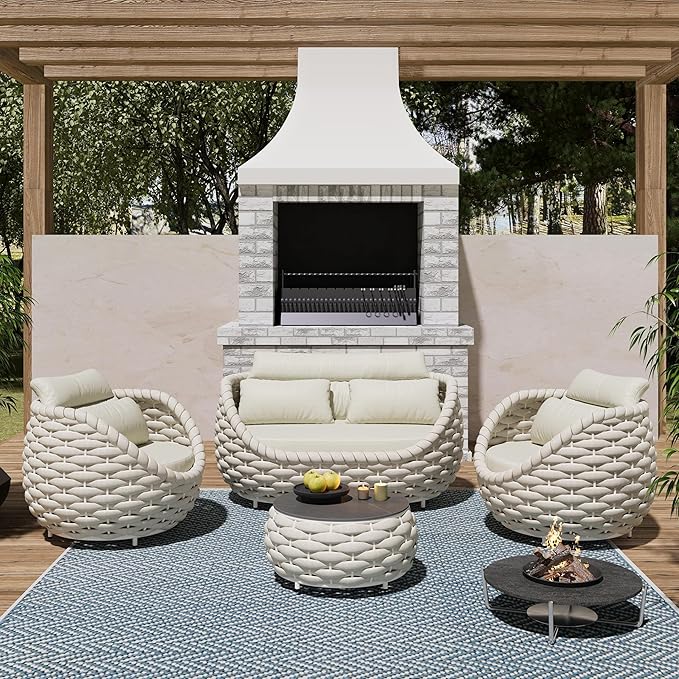 Patio Accent Chairs Set of 2: Aluminum Porch Lounge Chair with Arms - Woven Rope Cushioned Armchair - Modern One Seater Sofa - Outdoor Deck Furniture for 400lbs Balcony Yard Garden Hotel, Beige