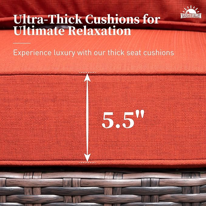 Patio Furniture Set with Swivel Chairs, High Back Wicker Rattan Furniture with 5.5" Thick Cushions, Fire Pit Table and Ottomans, All Weather Outdoor Conversation Set for Backyard Deck,7 Seats, Red