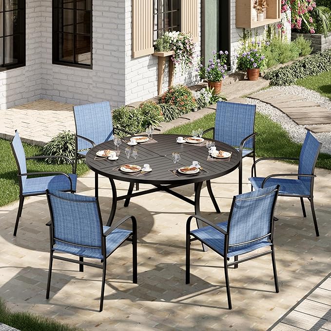 7 Pieces Outdoor Table and Chairs, Patio Dining Set for 6 Includes 54" Round Outdoor Table and 6 Patio Chair Set, Outdoor Dining Furniture Set for Lawn Backyard Deck, Blue