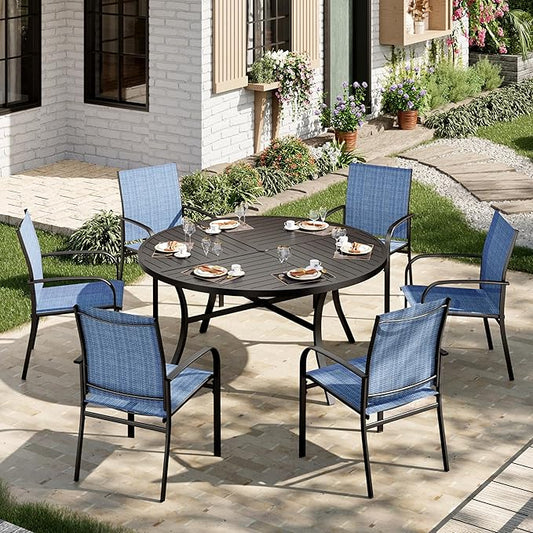 7 Pieces Outdoor Table and Chairs, Patio Dining Set for 6 Includes 54" Round Outdoor Table and 6 Patio Chair Set, Outdoor Dining Furniture Set for Lawn Backyard Deck, Blue