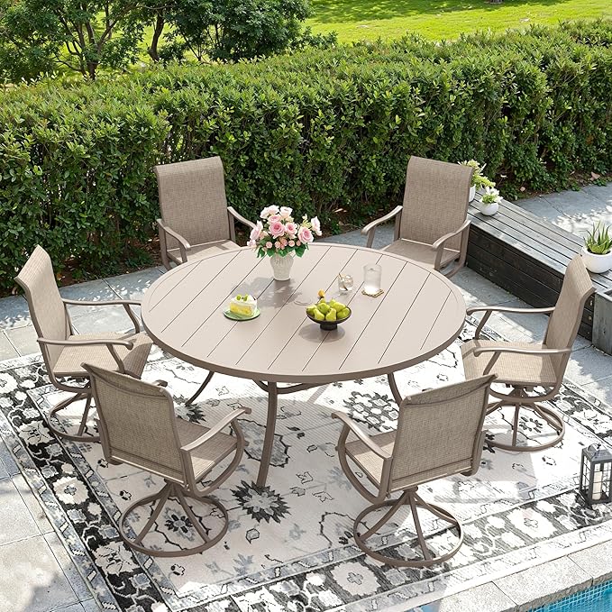DIFY 7 Pieces Outdoor Patio Dining Set, 6 Sandshell Textilene Swivel Dining Chairs and 53" Sandshell Round Metal Dining Table, Outdoor Table and Chairs