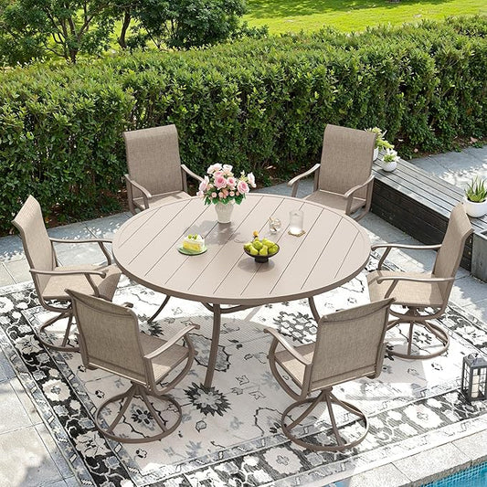 DIFY 7 Pieces Outdoor Patio Dining Set, 6 Sandshell Textilene Swivel Dining Chairs and 53" Sandshell Round Metal Dining Table, Outdoor Table and Chairs