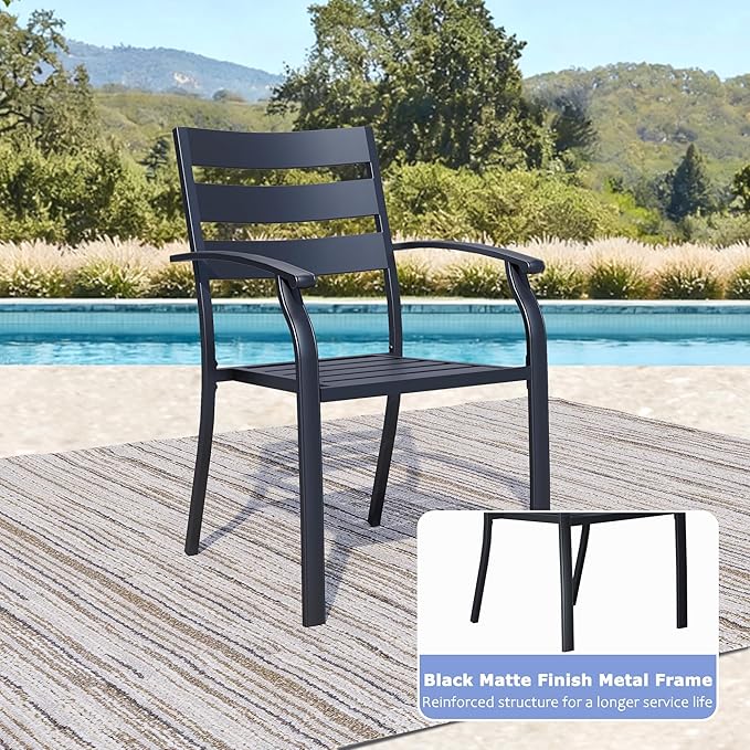 Patio Dining Chairs Set of 4, Black Stackable Outdoor Dining Chairs with Armrest and Wide Back, Wrought Iron Patio Furniture Chairs for Lawn, Backyard, Garden & Deck, Supports 300 LBS