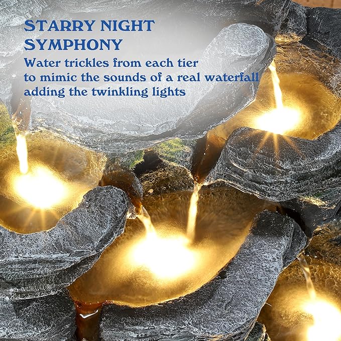 TITIMO 7-Tier Cascading Rock Water Fountain Outdoor Garden Waterfall with Lights,Fountain Indoor Decor for Garden, Patio, Backyard, Deck, Porch and Home Art Decor (24" H)
