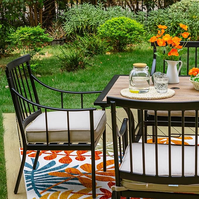Sophia & William 5 Pieces Patio Dining Set with 4 Chairs and Square Table of Imitation Wood Top, Outdoor Conversation Furniture Set with Seat Cushion and 1.57" Umbrella Hole for Porch Backyard Balcony