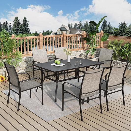 Patio Table and Chairs Set, Patio Dining Set for 6 with Brown Chairs and Metal Rectangular Table for Deck Backyard Lawn Poolside