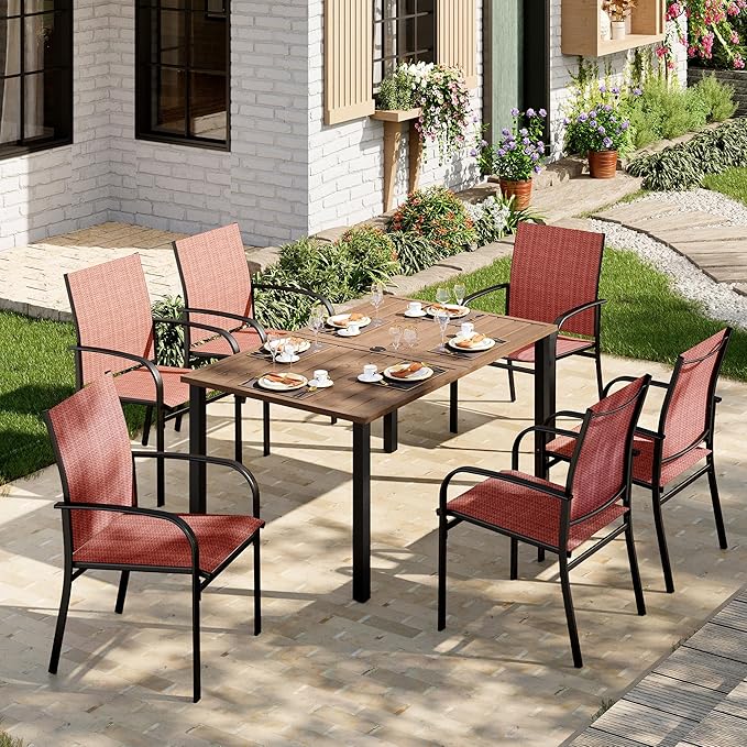 Patio Table and Chairs Set, Outdoor Dining Set for 6 with Red Chairs and Teak Color Tabletop Outdoor Dining Table, 7-Piece Patio Furniture Set for Deck Backyard Lawn