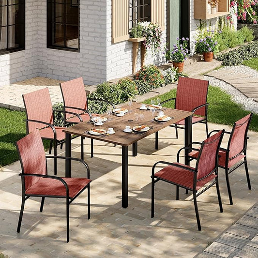 Patio Table and Chairs Set, Outdoor Dining Set for 6 with Red Chairs and Teak Color Tabletop Outdoor Dining Table, 7-Piece Patio Furniture Set for Deck Backyard Lawn