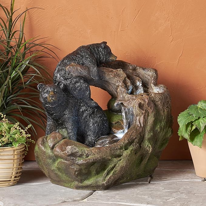 Merax 22" High Bear Log Fountain, Outdoor Weather-Resistant Fountain with LED Lights, 2-Tier Waterfall for Garden or Patio, Light Brown+Black