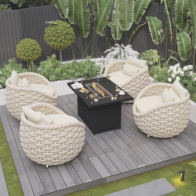 Patio Accent Chairs Set of 4: Aluminum Porch Lounge Chair with Arms - Woven Rope Cushioned Armchair - Modern One Seater Sofa - Outdoor Deck Furniture for 400lbs Balcony Yard Garden Hotel, Beige