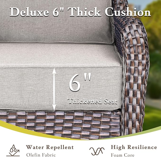 Luxury High Back Outdoor Furniture with 6-inch Extra Thick Cushions, Patio Furniture Set with Swivel Chairs, 8 PCS Wicker Conversation Set for Yard, Deck, Poolside, Brown/Beige