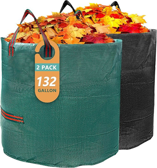 2 Pack 132 Gallon Reusable Yard Waste Bags (Green + Black), Durable Lawn and Leaf Bags with Reinforced Handles, Jumbo Collapsible Garden Bags for Yard Cleanup, Landscaping & Storage