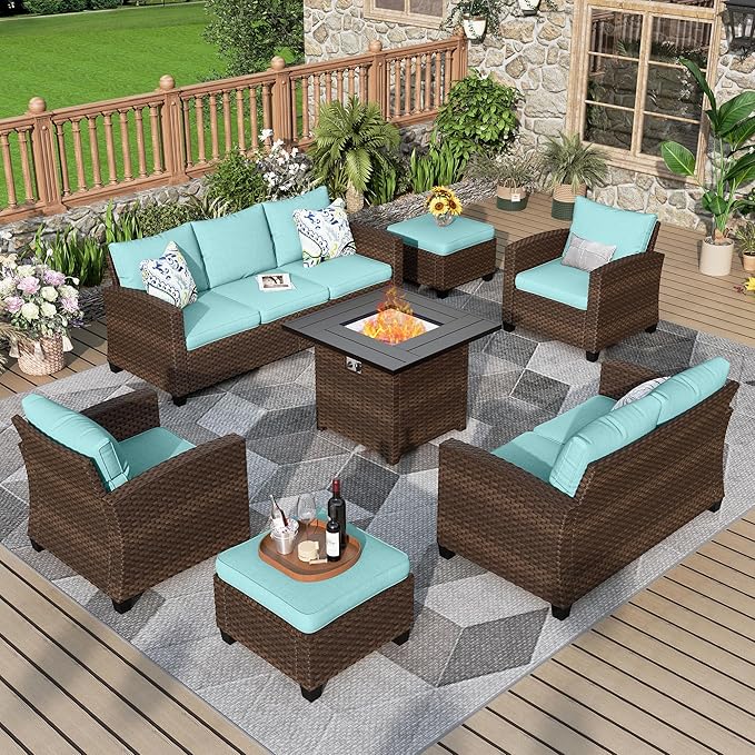 Patio Furniture Set, 7 Pcs Wicker Rattan Outdoor Conversation Set, 2 x Leg Chairs, 1 x 3 Seater Sofa, 1 x 2-Seat Lover Sofa and 2 x Ottomans with 4" Thick Cushion and 32" Fire Pit Table, Blue