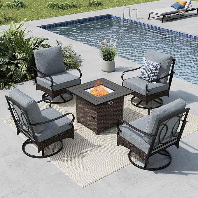 MFSTUDIO 5 Pieces Outdoor Patio Furniture Set, Metal Outdoor Conversation Sofa, Rattan Wicker Patio Sectional Sofa Set with 4 x Swivel Single Sofa, 1 x Fire Pit Table, Grey