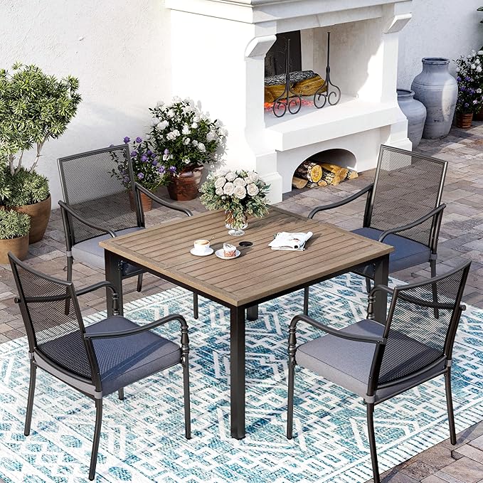 Patio Table and Chairs Set of 4, All-Weather Breathable Metal Mesh Patio Chair with Gourd-Shaped Armrests, 42x42 Wood-Like Table with Umbrella Hole, 5 Pcs Metal Frame Patio Dining Set