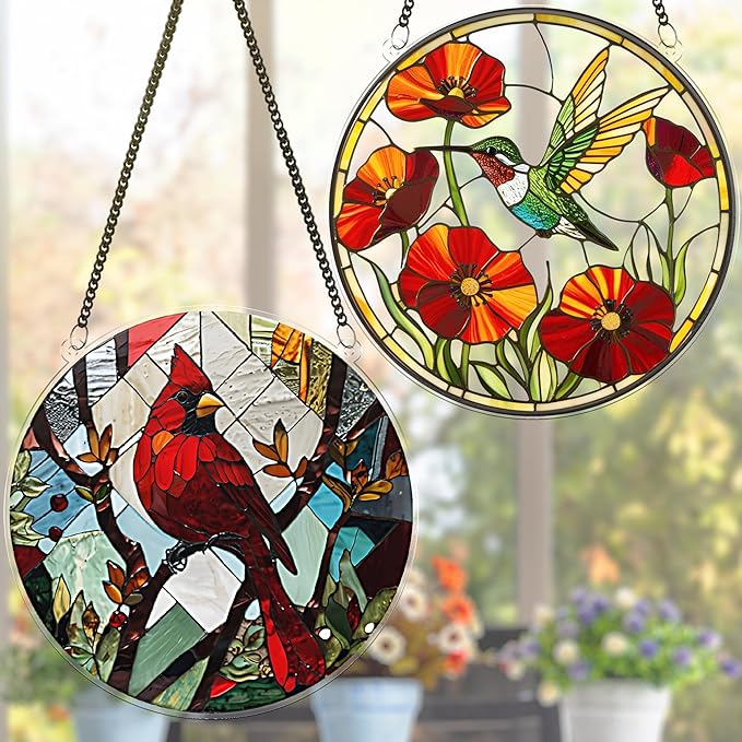 2 Hummingbird Cardinal Acrylic Suncatcher, Art Decor for Home, Suncatcher for Window Hanging, Indoor, Garden, Housewarming, Gift for Mom, Grandma, Women, Friend, Bird Lovers SCB-A6-B1