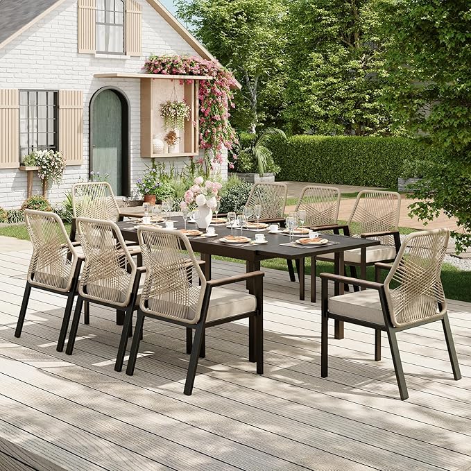 9 Pieces Outdoor Dining Set for 8, Patio Dining Set Wicker Rattan Chairs with 3.1" Cushion and Rectangular Table with Umbrella Hole, Wicker Patio Table and Chairs for Backyard Porch