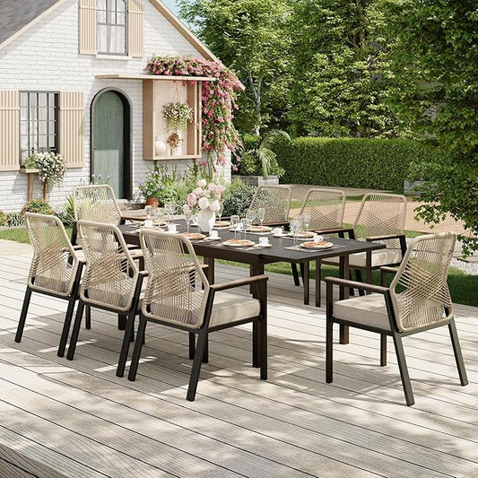 9 Pieces Outdoor Dining Set for 8, Patio Dining Set Wicker Rattan Chairs with 3.1" Cushion and Rectangular Table with Umbrella Hole, Wicker Patio Table and Chairs for Backyard Porch