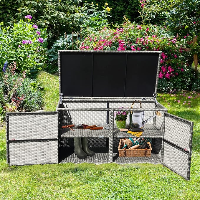 HAPPYGRILL Deck Box Outdoor Patio Pool Storage Box Outside Rattan Wicker Storage Bin Cabinet with Steel Frame Shelf for Garden Balcony Porch Yard Furniture Tools
