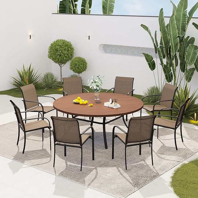 VICLLAX 60" Outdoor Round Patio Dining Table for 8-10, All Weather Metal Dining Table with Umbrella Hole for Deck Lawn Garden Backyard, Walnut