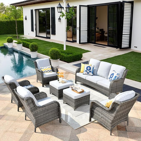HOOOWOOO Patio Furniture Set,7 Piece Outdoor Furniture,Wicker Patio Conversation Couch Chairs Ottoman Set,Light Gray