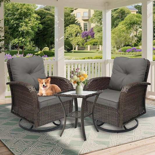 3 Pieces Patio Furniture Set, Outdoor Swivel Rocking Chair Set of 2 with Side Table - 360° Swivel, Thick Cushions, All-Weather Bistro Set for Deck, Porch, Pool (Grey, Brown Full-Weave Rattan)