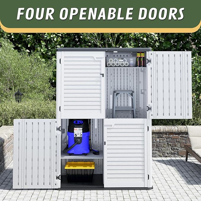 KAMABOKO Outdoor Storage Cabinet 55 Cu.Ft Outdoor Trash Can Storage Shed Waterproof Horizontal Storage Shed Outdoor Storage for Backyard, Patio, Poolside (White)
