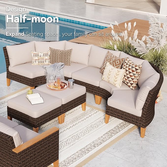 GREEN PARTY 11 Pieces Wicker Patio Furniture Set, All-Weather Outdoor Rattan Half-Moon Curved Patio Sectional Sofa Conversation Set 11 Seats for Garden, Backyard, 2 x Ottomans