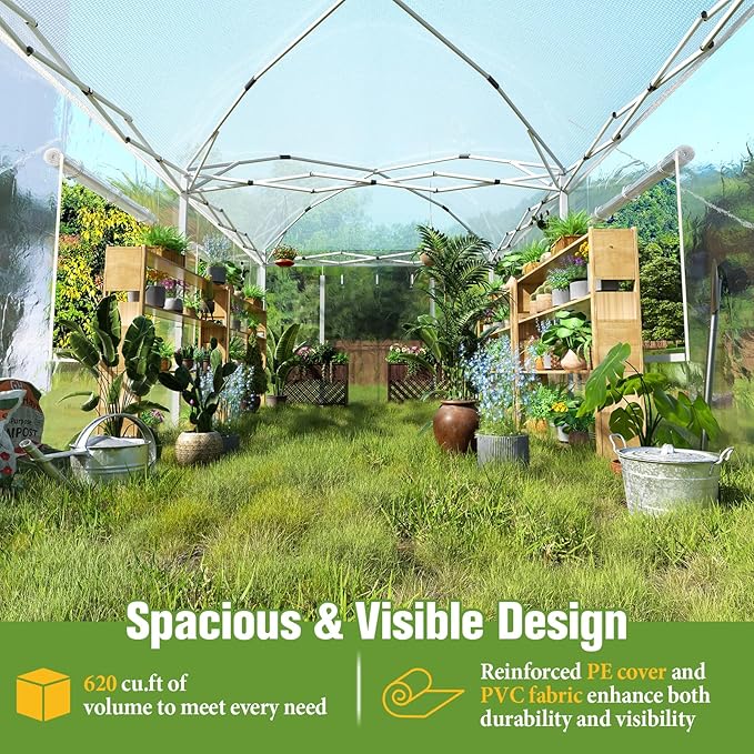 AMERLIFE 19.2×10×8.5 FT Pop-up Greenhouses for Outdoors Indoor with Adjustable Durable Frame, Portable Walk in Greenhouse with 2 Roll-up Zipper Doors, Windows and PE Cover, White