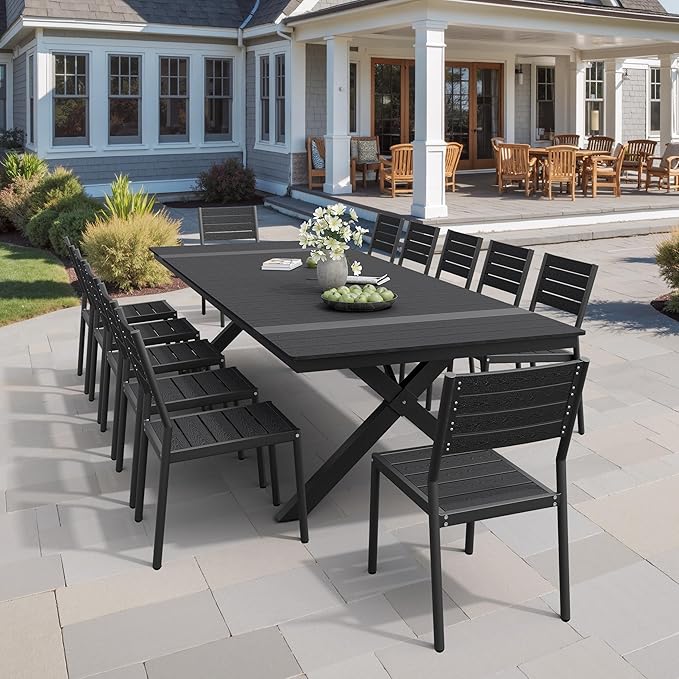 Pellebant 13 Piece Patio Table and Chairs Set for 12, Aluminum Outdoor Dining Set with Umbrella Hole, Stackable Dining Chairs & 114" Dining Table, Brown