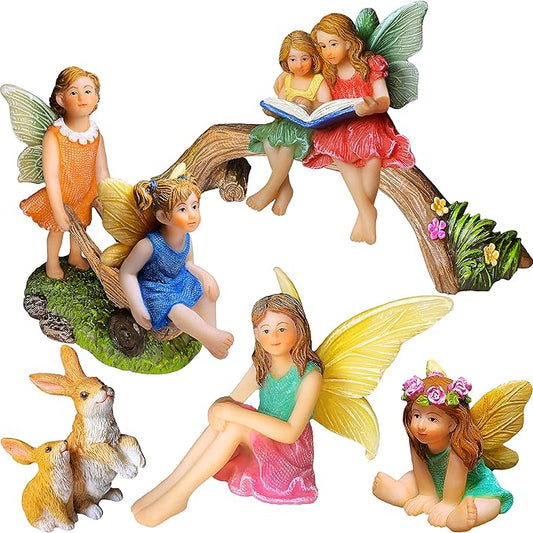 Mood Lab Fairy Garden - Miniature Family Kit Figurines & Accessories - Fairies Statue Set of 6 pcs - Outdoor or House Decor