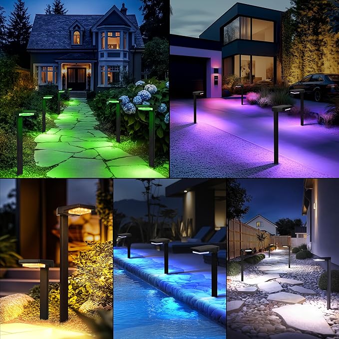 Solar Lights Outdoor, 4Pack Smart Pathway Lights with Color Changing &Sync, 9Modes (Warm/Cool White,RGB) for Driveway,Walkway,Garden,Yard,Fence,Patio,Lawn,Step Waterproof