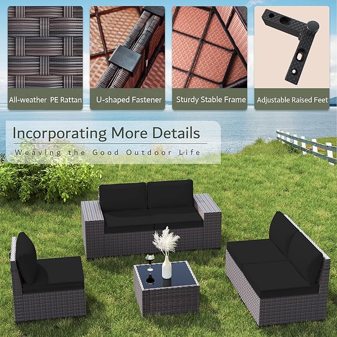 Outdoor Patio Furniture Set with Propane Fire Pit Table, 7 Pieces Outdoor Furniture Patio Sectional Sofa Conversation Sets w/ETL Approved 43" Gas Outdoor Fire Table & Coffee Table (Black)
