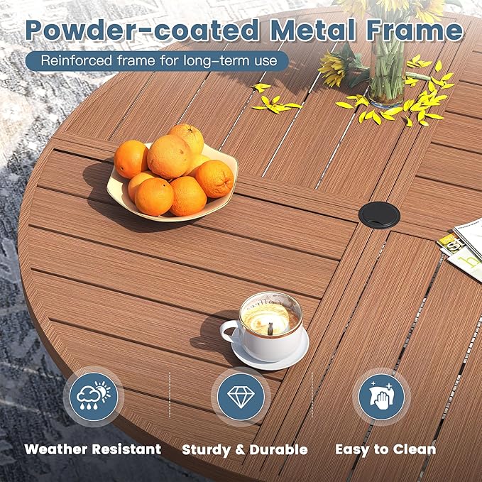 DIFY 47.2" Round Outdoor Patio Dining Table for 6, All-Weather Metal Steel Slatted Patio Table with 1.57" Adjustable Umbrella Hole, for Lawn Garden Porch Backyard, Walnut
