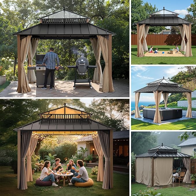 SUNJOY Kingston 12' x 12' Hardtop Gazebo with Galvanized Steel/Polycarbonate Double Roof, Curtain and Netting, Woodgrain Finish Aluminum Posts Permanent Pavilion Gazebo for Garden, Patio, Deck, Lawn