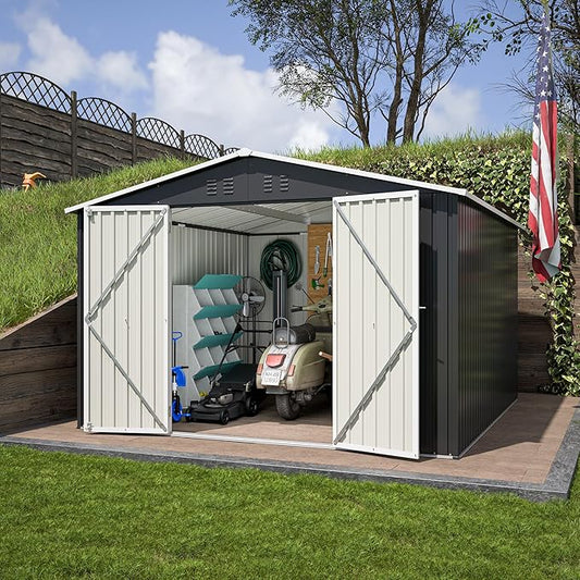 Favfurish 10 x 10 FT Outdoor Storage Shed,Heavy Duty Tool Sheds Metal Storage Garden Shed with Sloped Roof and Lockable Doors,Large Metal Storage Sheds for Backyard Patio Lawn, Black