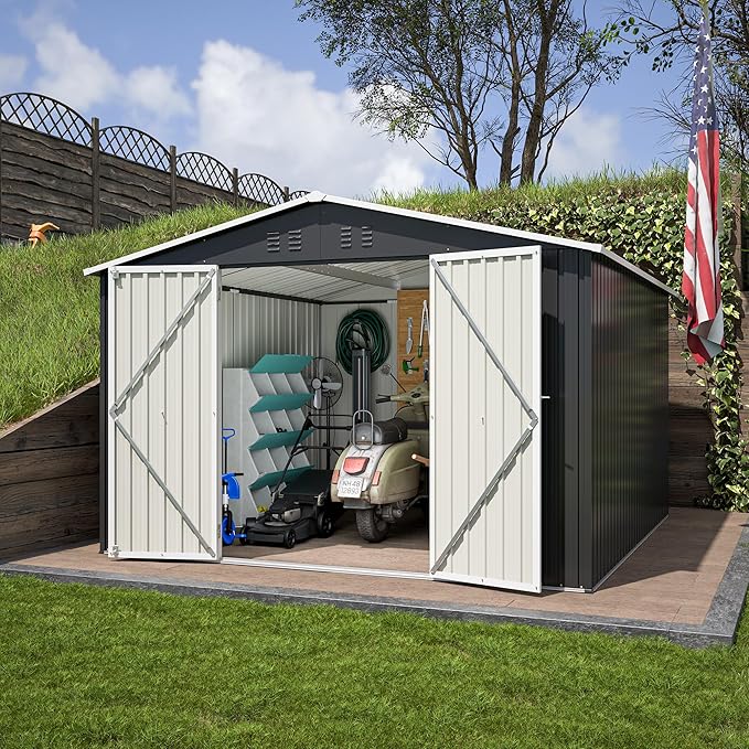 Outdoor Storage Shed 10x10 FT, Utility Metal Tool Storage with Lockable Doors and Updated Frame Structure, Large Metal Garden Shed for Backyard, Patio Lawn, Black