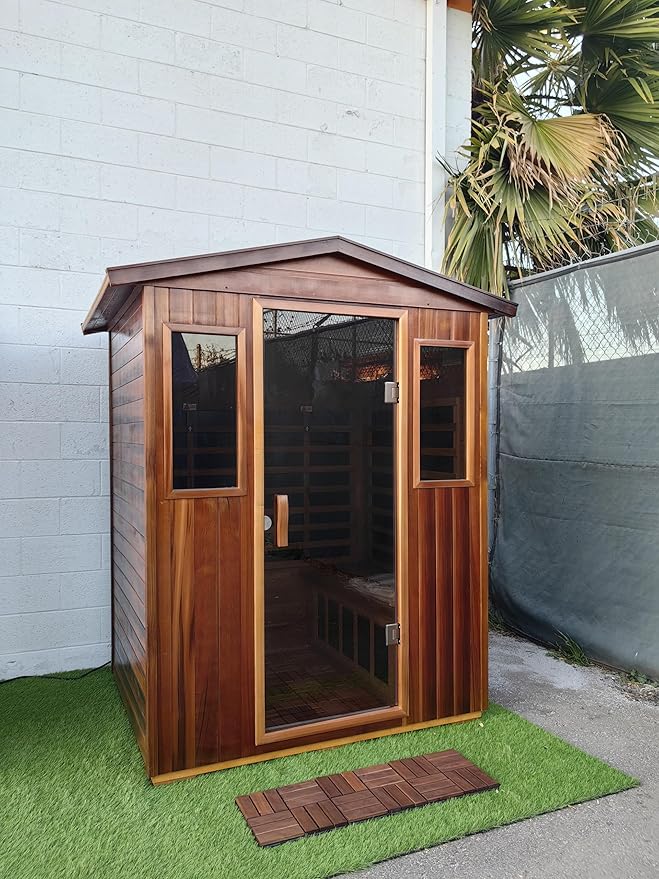 Outdoor Sauna 4 Person Low EMF Far Infrared Sauna for Home, 2050W Mahogany Wooden Sauna Room for Outdoor Indoor Home, with Blue-Tooth, LCD, LED