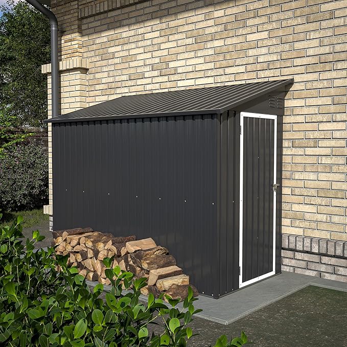 4×8 FT Lean to Metal Shed,Outdoor Heavy-Duty Storage Shed with Floor Base,All Weather Waterproof Garden Tool House W/Lockable Door&2 Air Vent,Reversible Door Design,for Backyard,Patio,Lawn,Black
