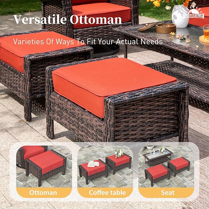 Patio Furniture Set with Swivel Chairs, High Back Wicker Rattan Furniture with 5.5" Thick Cushions, Fire Pit Table and Ottomans, All Weather Outdoor Conversation Set for Backyard Deck,7 Seats, Red